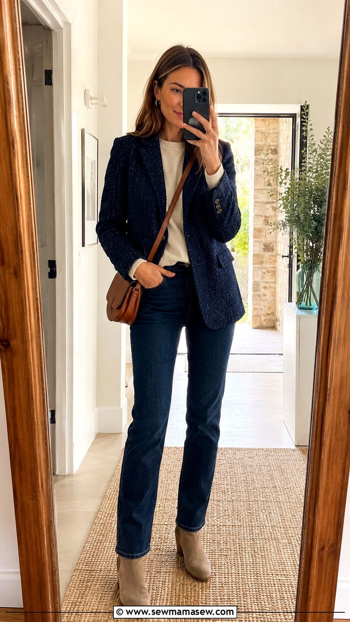 Tweed blazer with dark denim jeans - 30 Tweed blazer outfit ideas for a wedding