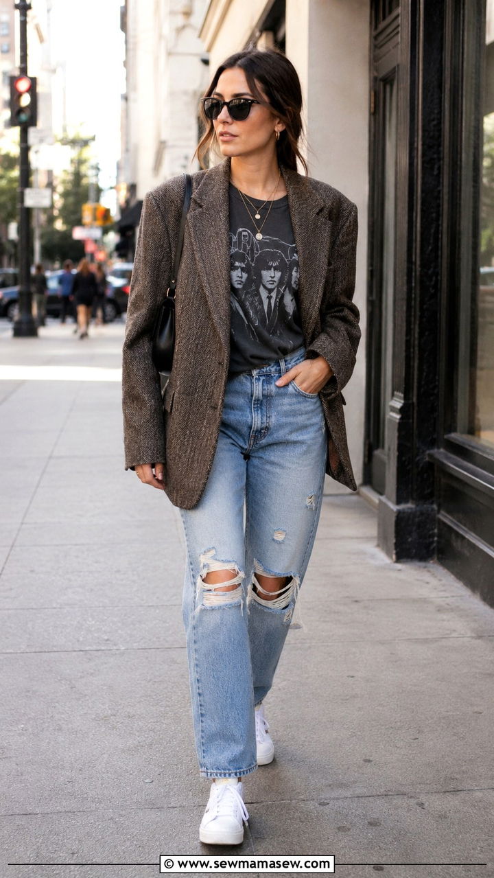 Tweed blazer with graphic tee and distressed jeans - 25 Tweed blazer outfit ideas with jeans