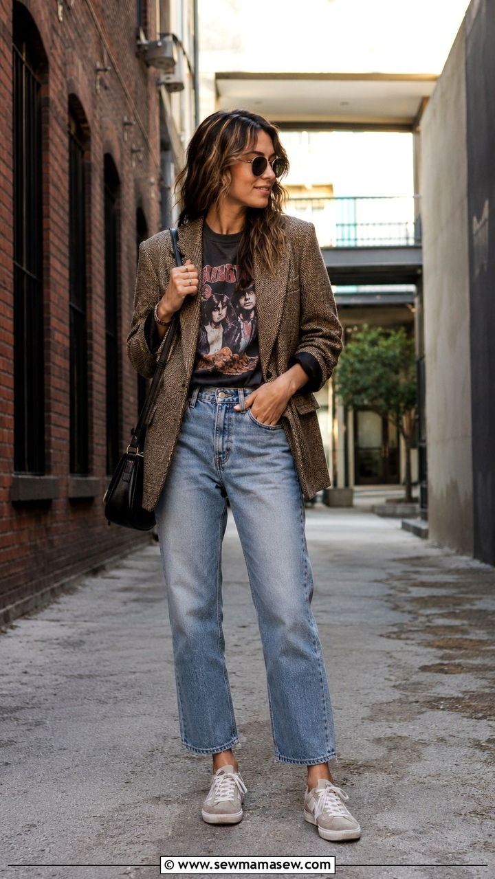 Tweed blazer with graphic tee and sneakers outfit - 25 Tweed blazer outfit ideas with sneakers
