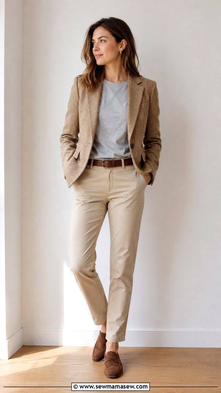Tweed blazer with gray t shirt and beige chinos - 20 Tweed blazer outfit ideas with a t-shirt