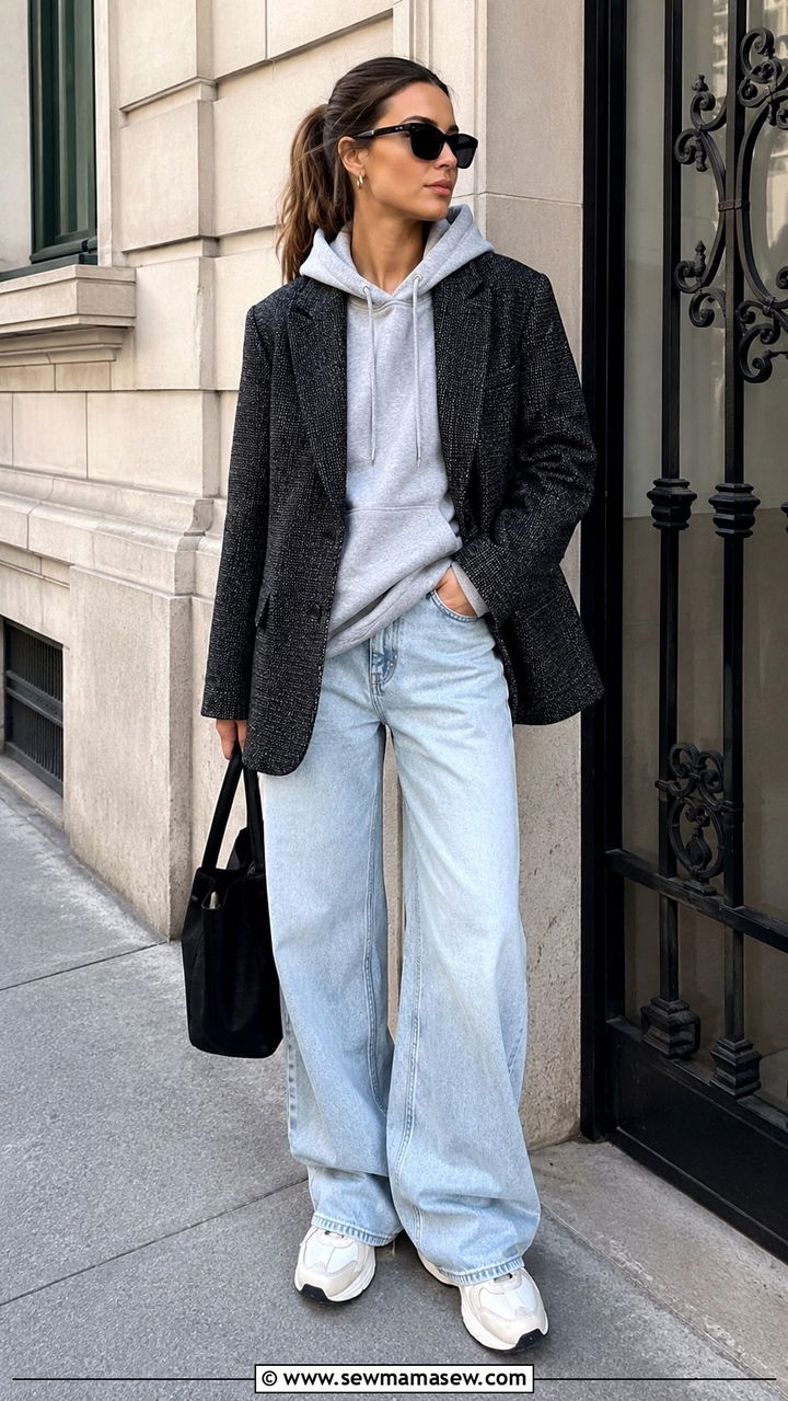 Tweed blazer with hoodie and baggy jeans - 25 Tweed blazer outfit ideas with jeans
