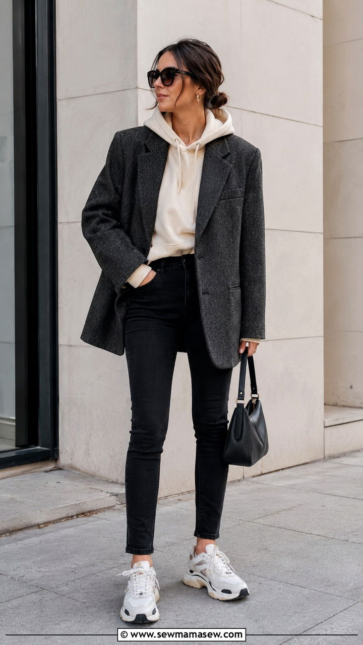 Tweed blazer with hoodie and sneakers outfit - 25 Tweed blazer outfit ideas with sneakers