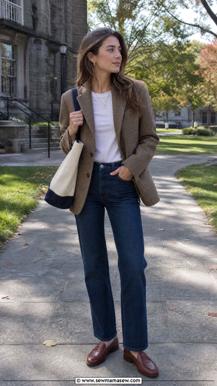 Tweed blazer with jeans and loafers - 25 Old money outfit ideas for college