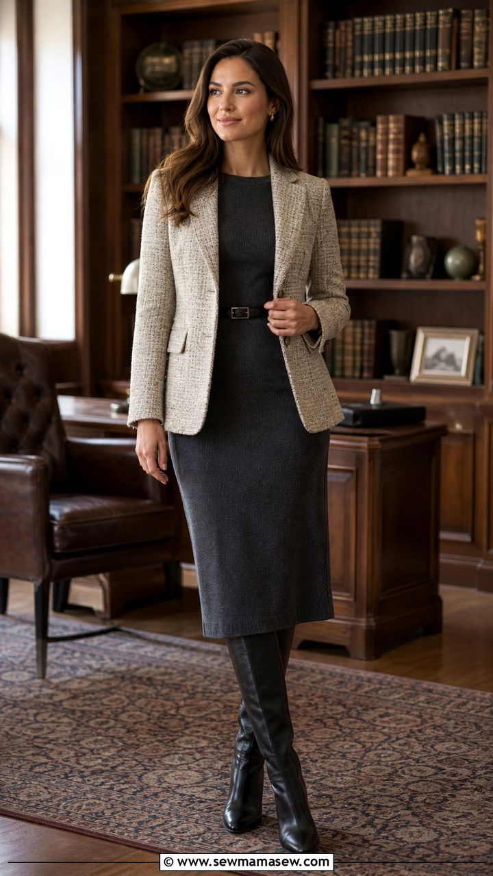 Tweed blazer with knit dress and knee high boots - 40 casual office outfits