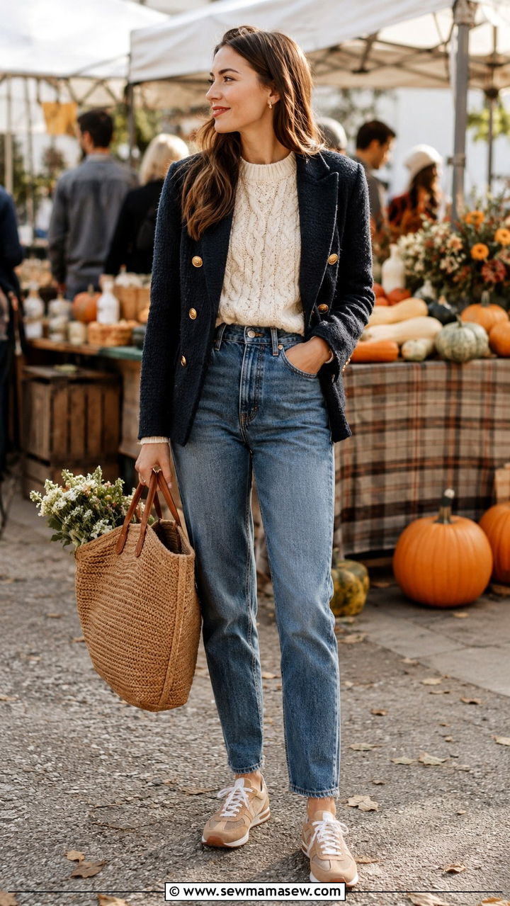 Tweed blazer with knit sweater and sneakers outfit - 25 Tweed blazer outfit ideas with sneakers