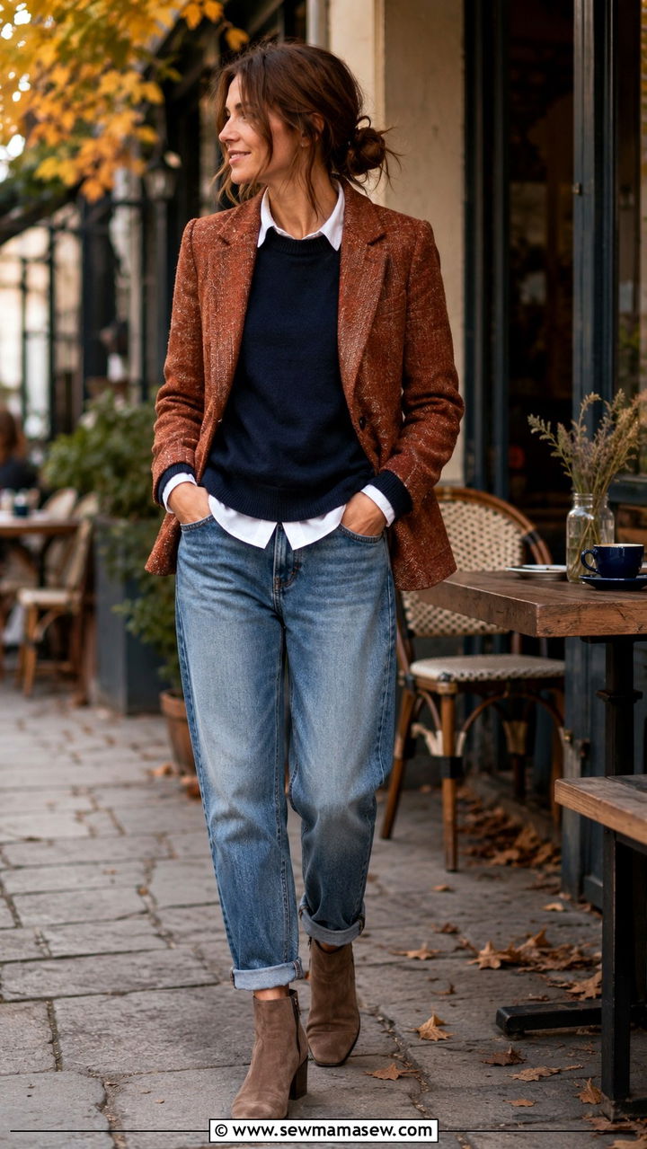 Tweed blazer with layered knit and boyfriend jeans - 25 Tweed blazer outfit ideas with jeans