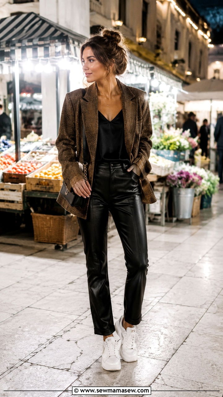 Tweed blazer with leather pants and sneakers outfit - 25 Tweed blazer outfit ideas with sneakers