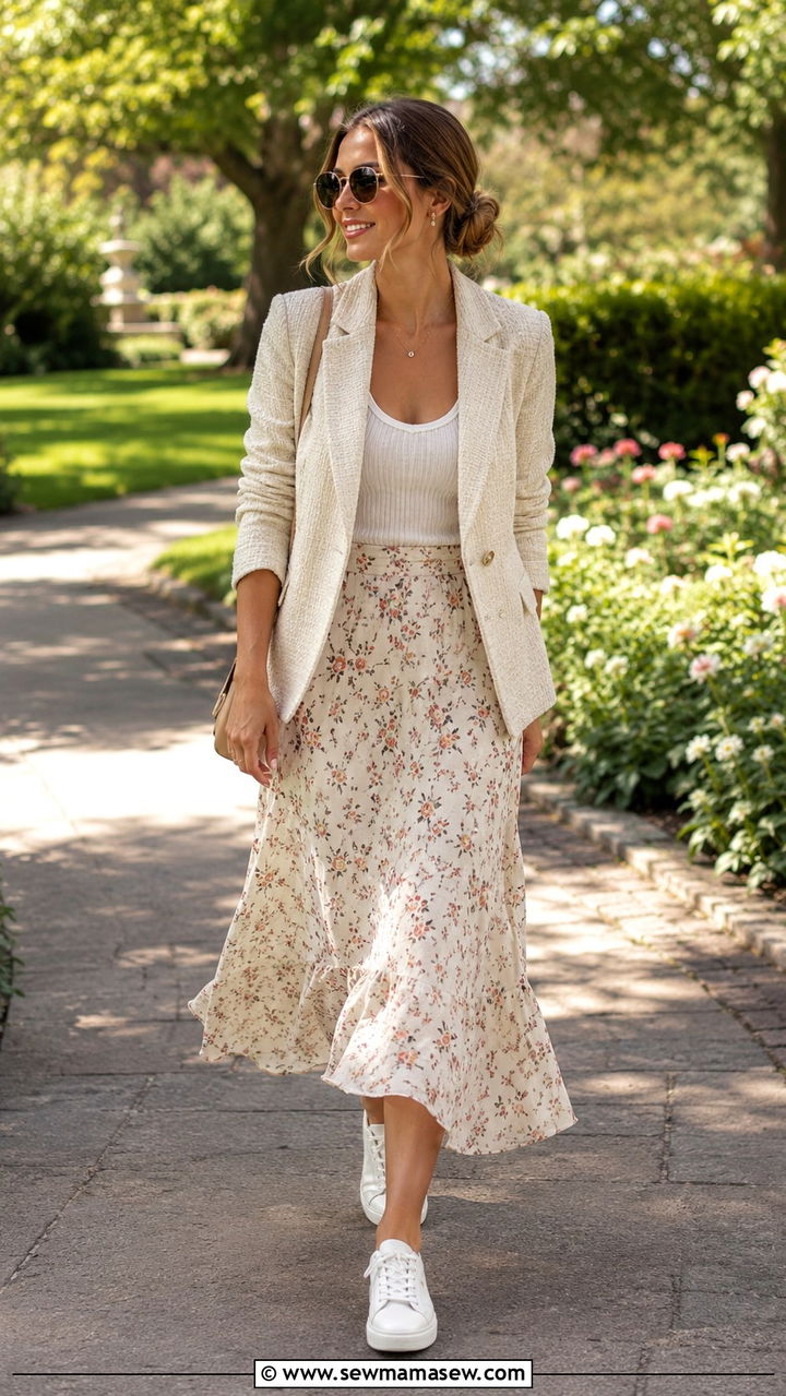 Tweed blazer with midi skirt and sneakers outfit - 25 Tweed blazer outfit ideas with sneakers
