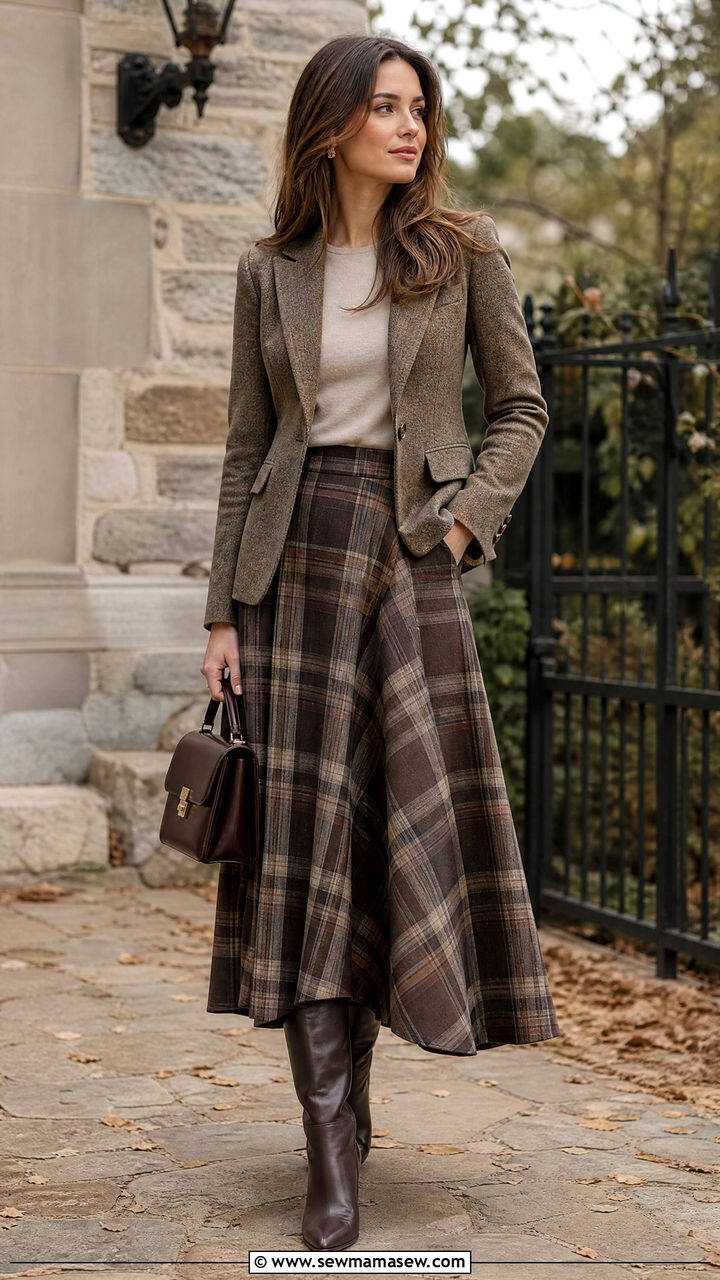 Tweed blazer with plaid maxi skirt - 35 maxi skirt outfits for women