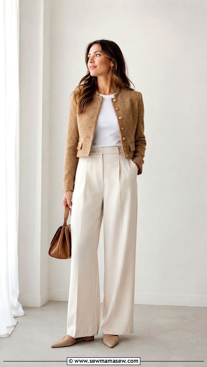 Tweed blazer with plain tee and wide leg trousers - 20 Tweed blazer outfit ideas with a t-shirt