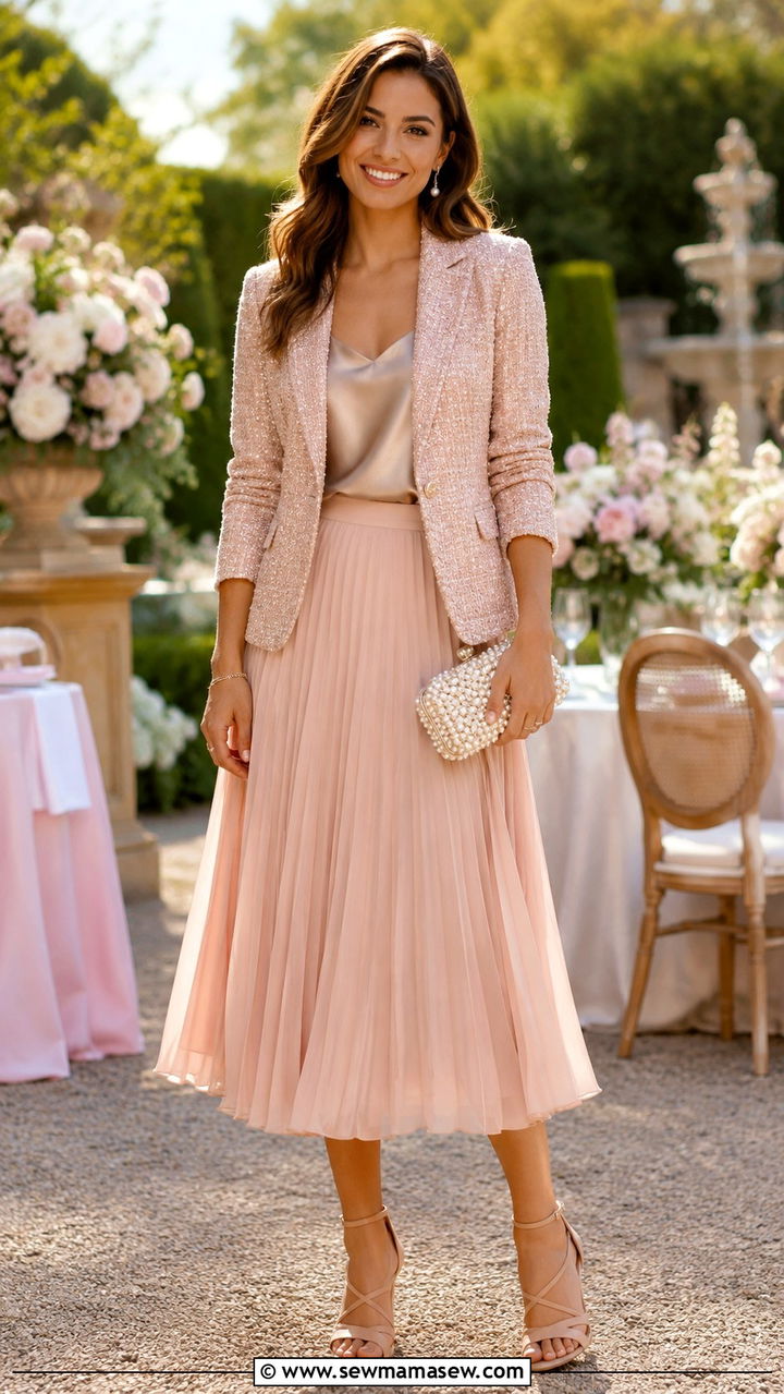 Tweed blazer with pleated chiffon midi skirt - 20 Tweed blazer outfit ideas with a skirt