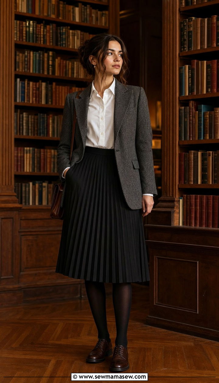 Tweed blazer with pleated skirt and oxford shoes - 25 dark academia outfits inspo