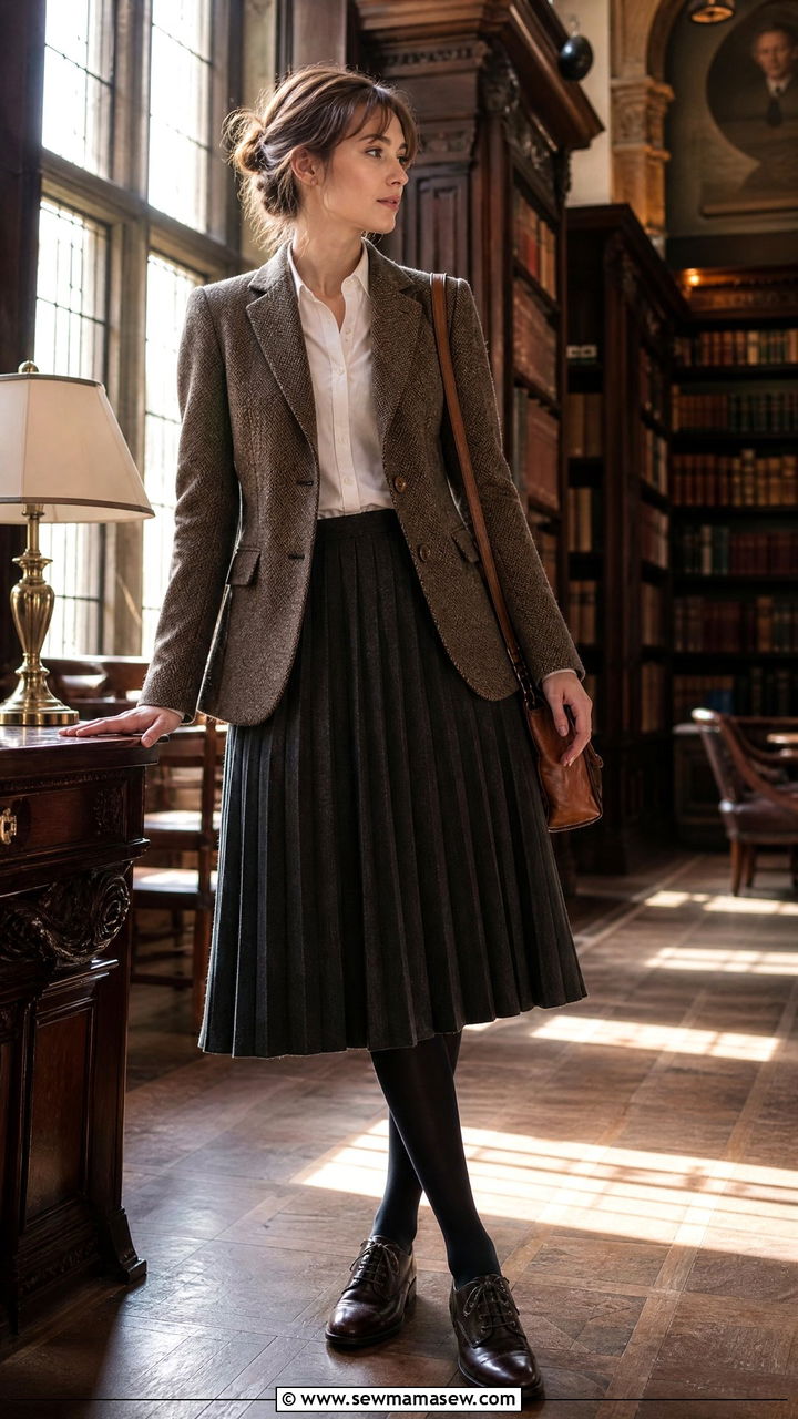 Tweed blazer with pleated skirt and oxford shoes outfit - 25 classy dark academia outfit ideas