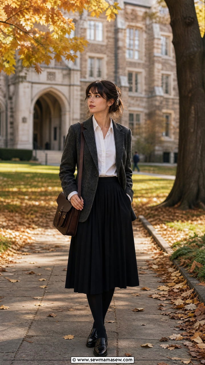 Tweed blazer with pleated skirt outfit - 30 dark academia outfits ideas