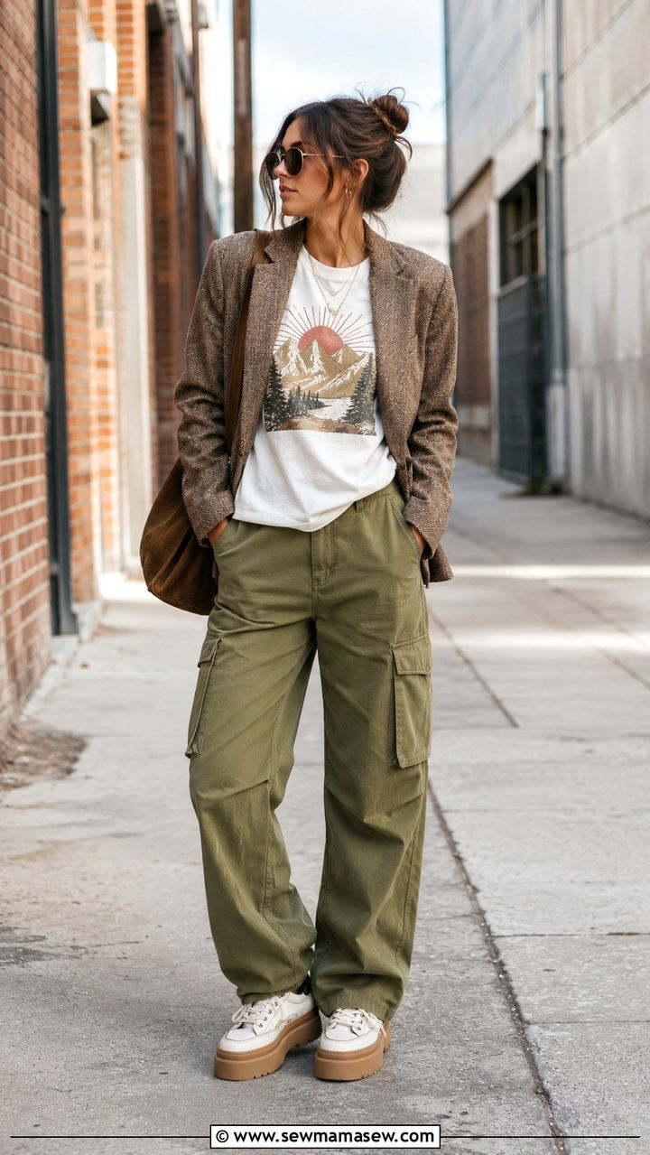 Tweed blazer with printed tee and cargo pants - 20 Tweed blazer outfit ideas with a t-shirt