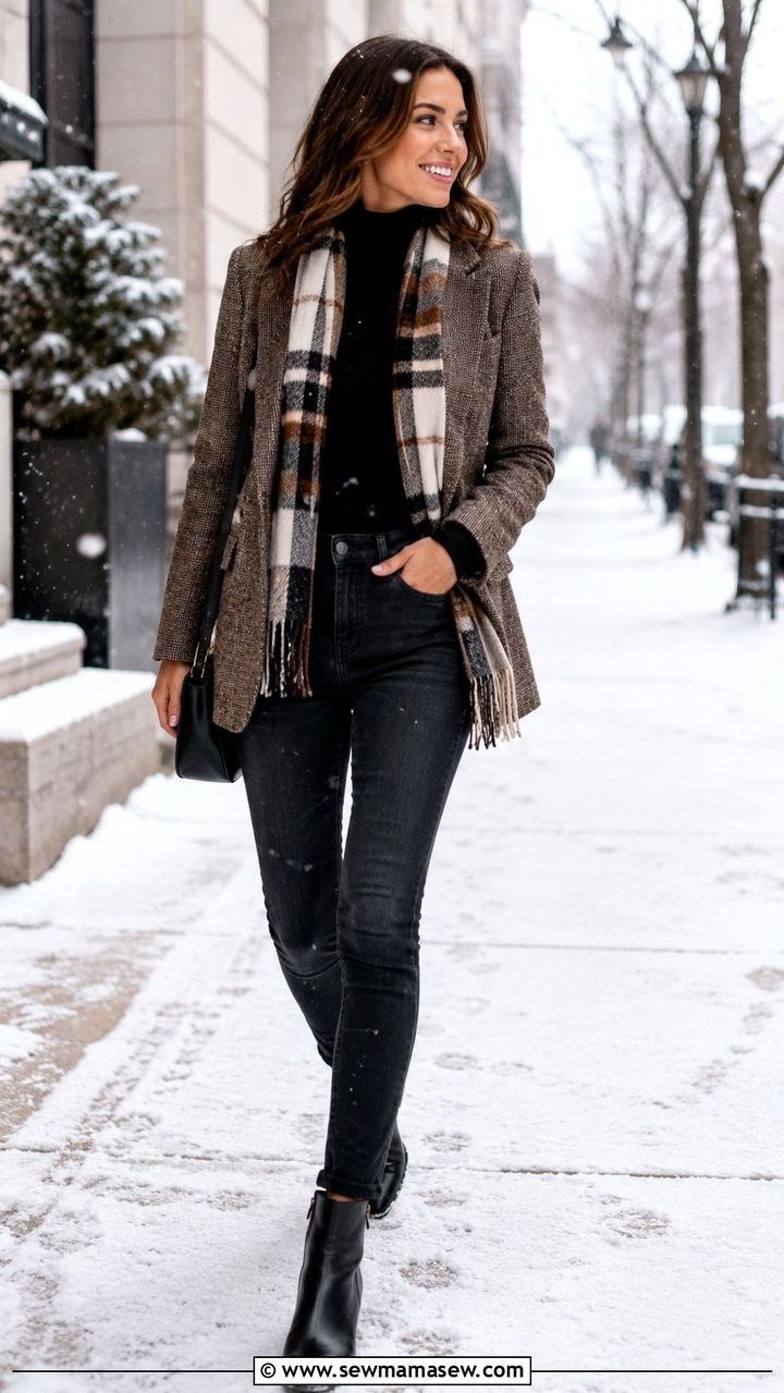 Tweed blazer with scarf and ankle boots for winter - 25 Tweed blazer outfit ideas with jeans