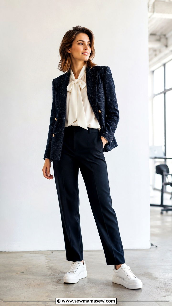 Tweed blazer with silk blouse and sneakers outfit - 25 Tweed blazer outfit ideas with sneakers