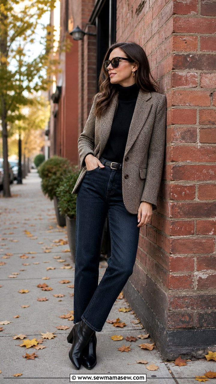 Tweed blazer with straight leg jeans and ankle boots - 40 blazer outfits for women