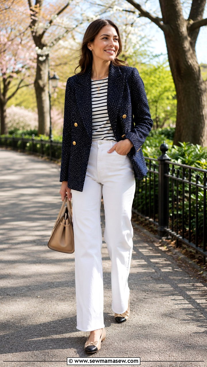 Tweed blazer with striped t shirt and white jeans - 20 Tweed blazer outfit ideas with a t-shirt
