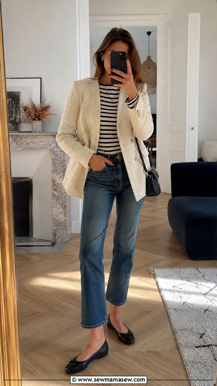 Tweed blazer with striped tee and ballet flats - 20 Tweed blazer outfit ideas with a t-shirt