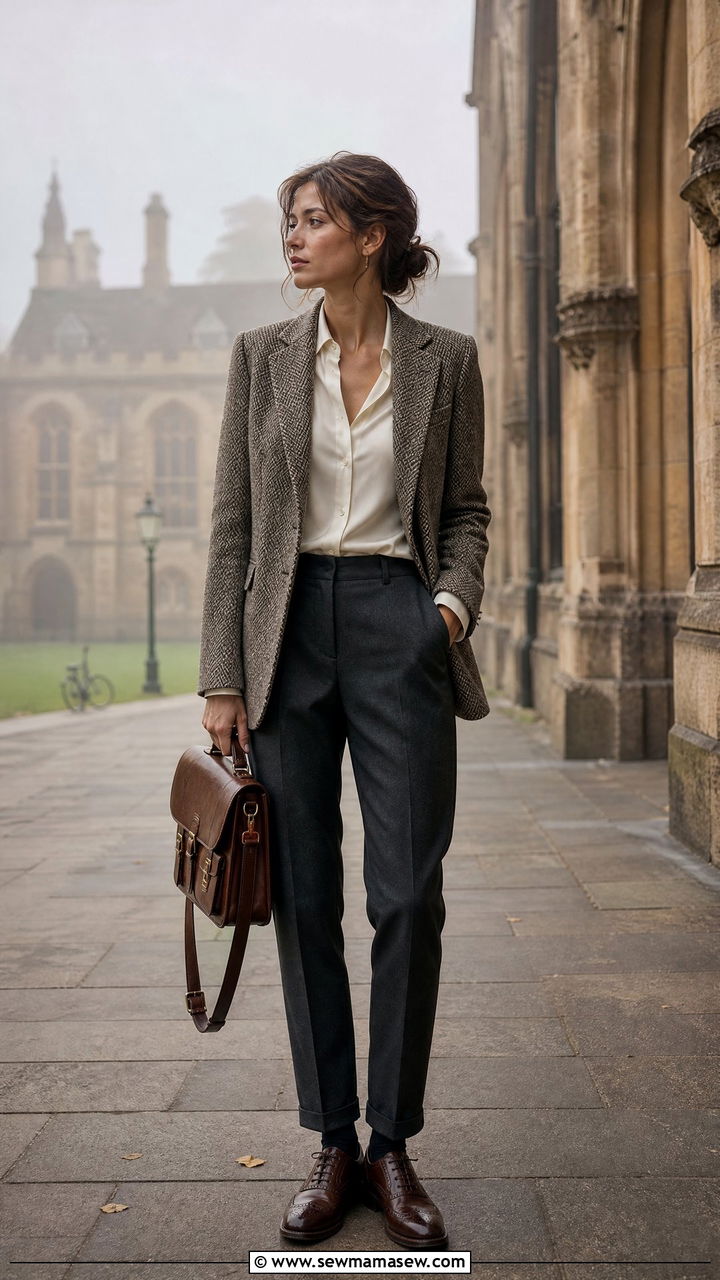 Tweed blazer with tailored trousers and brogues - 25 Foggy day outfit ideas