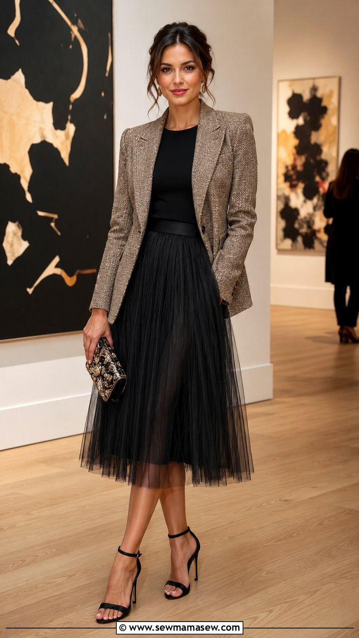 Tweed blazer with tulle midi skirt - 20 Tweed blazer outfit ideas with a skirt