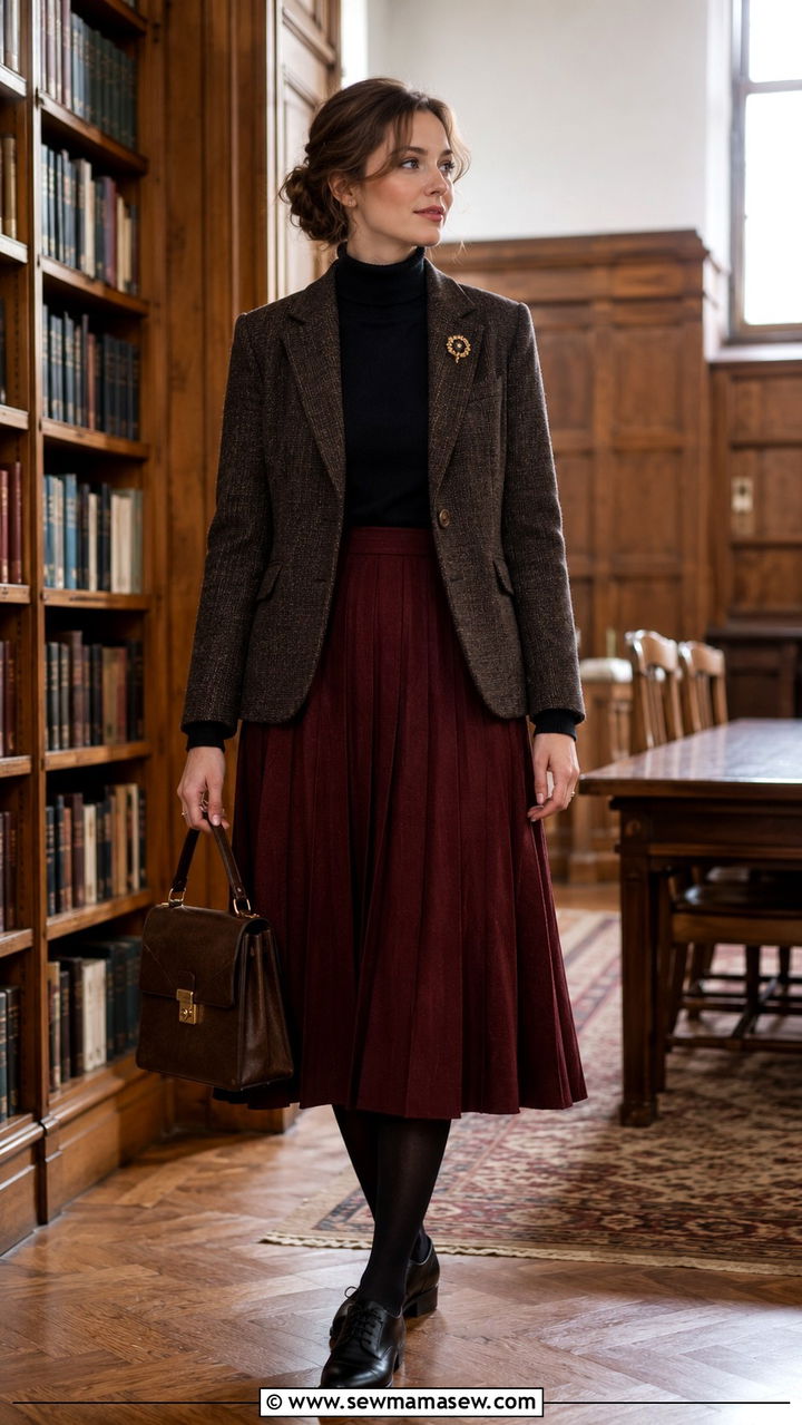 Tweed blazer with turtleneck sweater and pleated wool skirt - 25 Poetcore outfit ideas college professor aesthetic