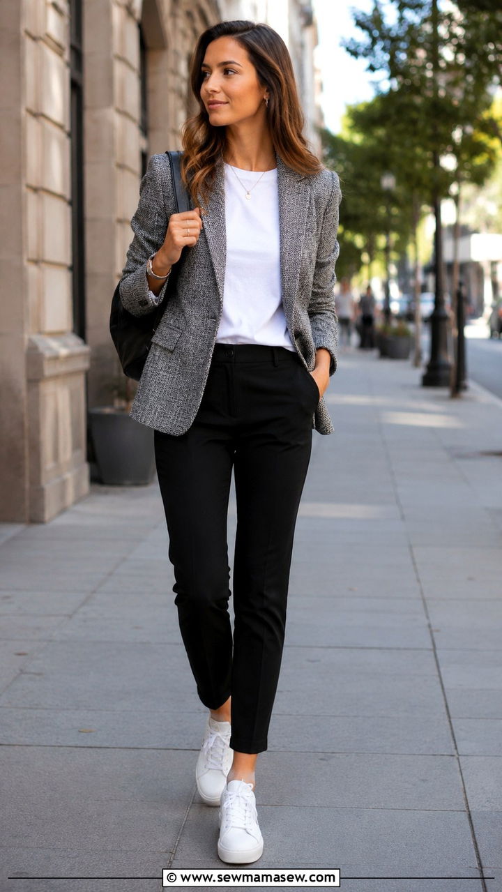 Tweed blazer with white sneakers - 30 Tweed blazer outfit ideas for work