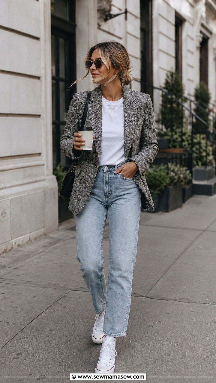 Tweed blazer with white tee and jeans and sneakers - 25 Tweed blazer outfit ideas with sneakers