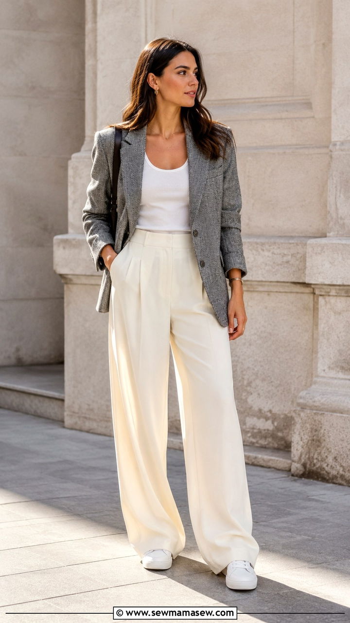 Tweed blazer with wide leg trousers and sneakers outfit - 25 Tweed blazer outfit ideas with sneakers