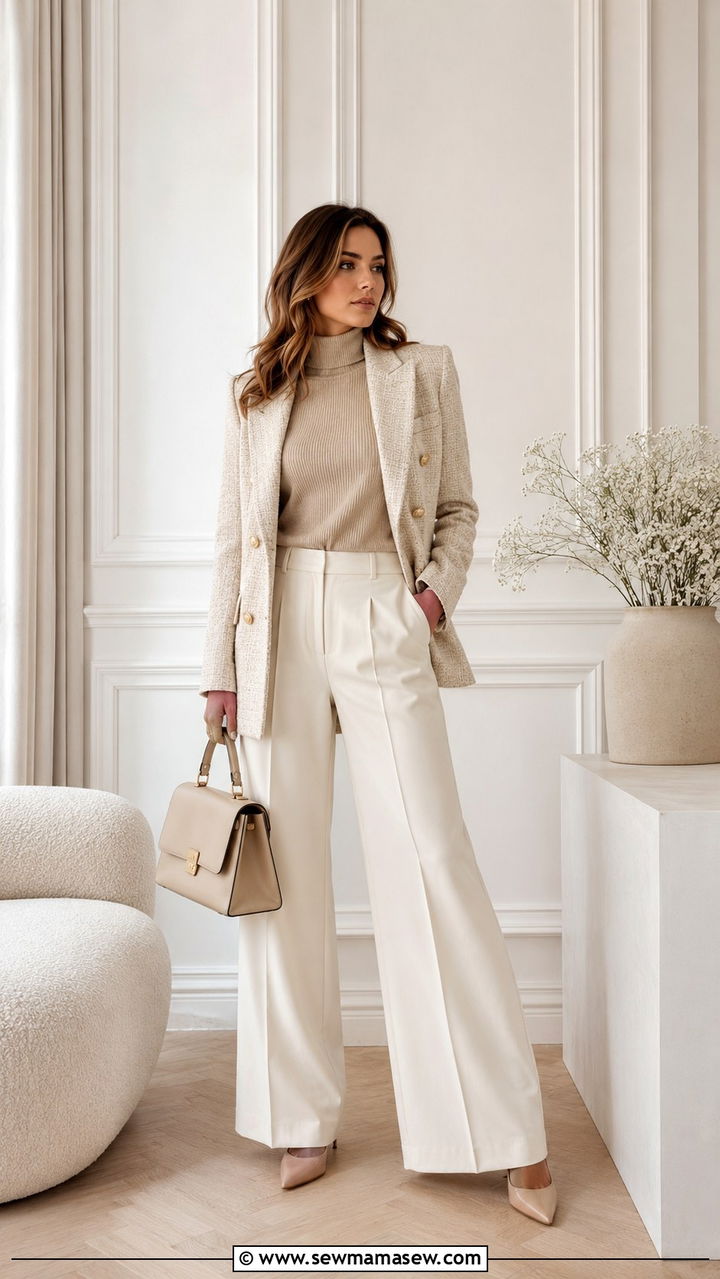 Tweed blazer with wide leg trousers - 30 Tweed blazer outfit ideas for work