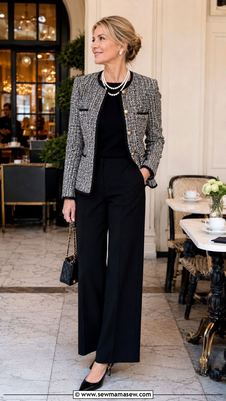 Tweed boucle blazer with a black crewneck and pearl accessories - 25 Wide leg black pants outfit ideas with a blazer