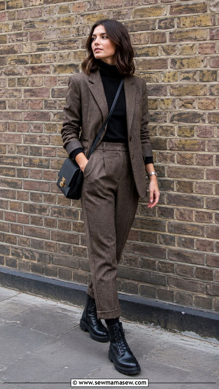 Tweed co ord street style with turtleneck - 25 Tweed matching set outfit ideas
