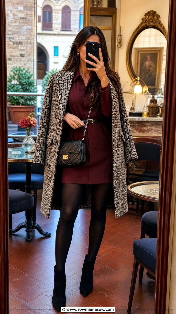 Tweed coat and mini dress with tights Florence - 25 Florence outfit ideas