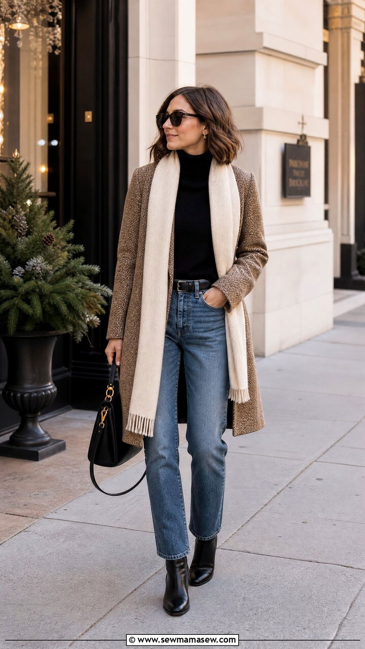 Tweed coat over a cashmere turtleneck and jeans - 25 Old money outfit ideas with tweed