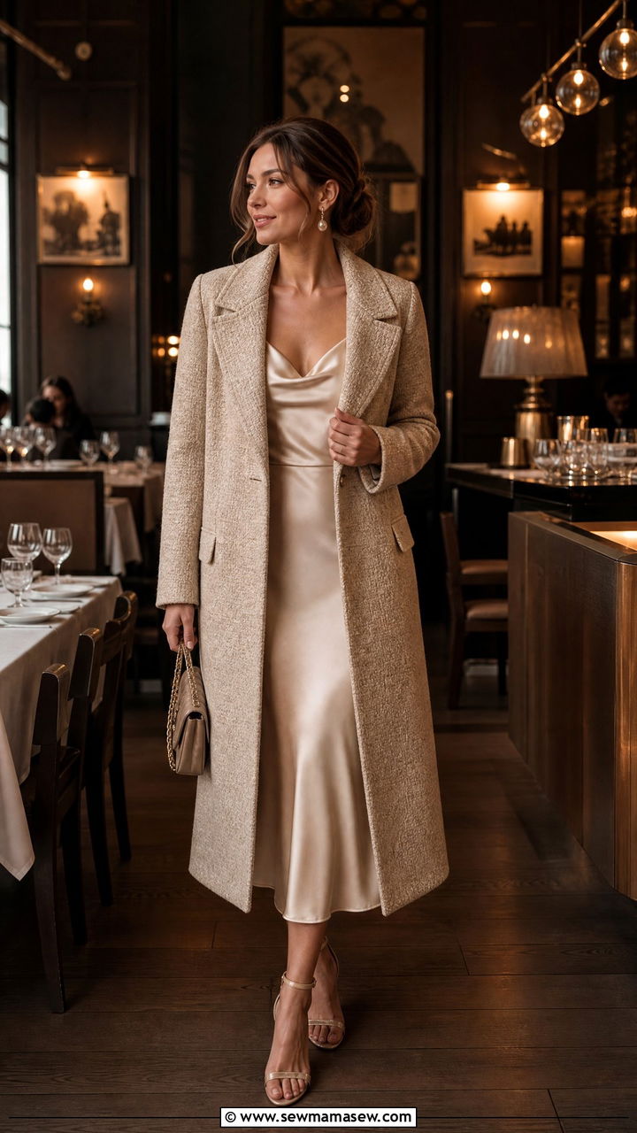 Tweed coat over a satin midi dress - 25 Old money outfit ideas with tweed