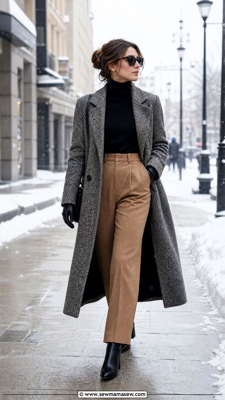 Tweed coat with high waisted wool trousers - 25 Old money outfit ideas with tweed