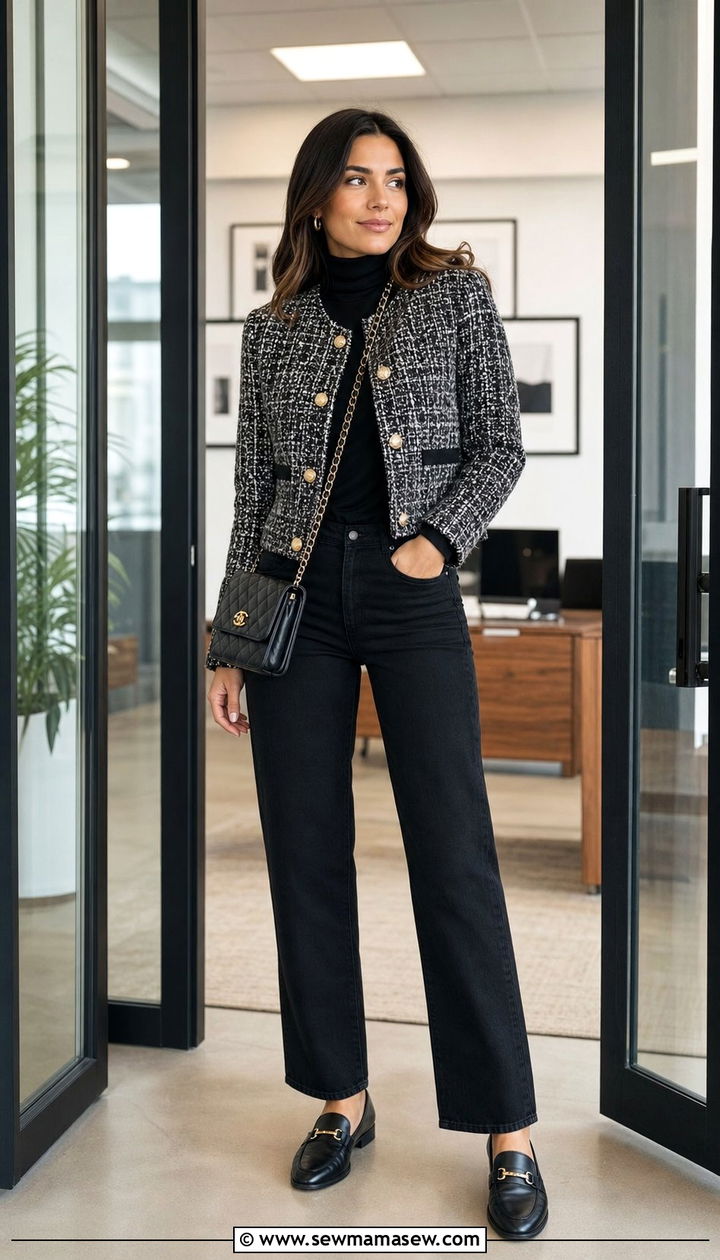 Tweed jacket and black jeans outfit - 35 Business casual outfits for young professionals
