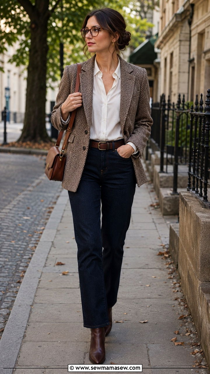 Tweed jacket and dark jeans outfit - 30 librarian core outfits ideas