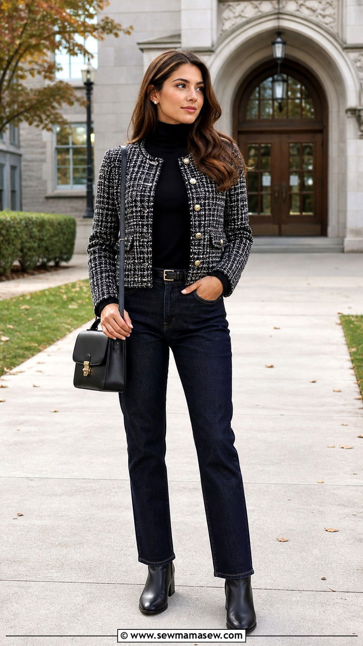 Tweed jacket and dark jeans outfit - 40 school outfits
