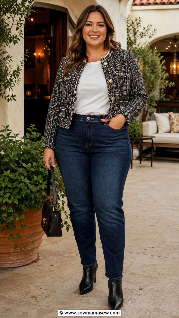 Tweed jacket and dark wash jeans outfit - 20 Plus size outfit ideas size 16