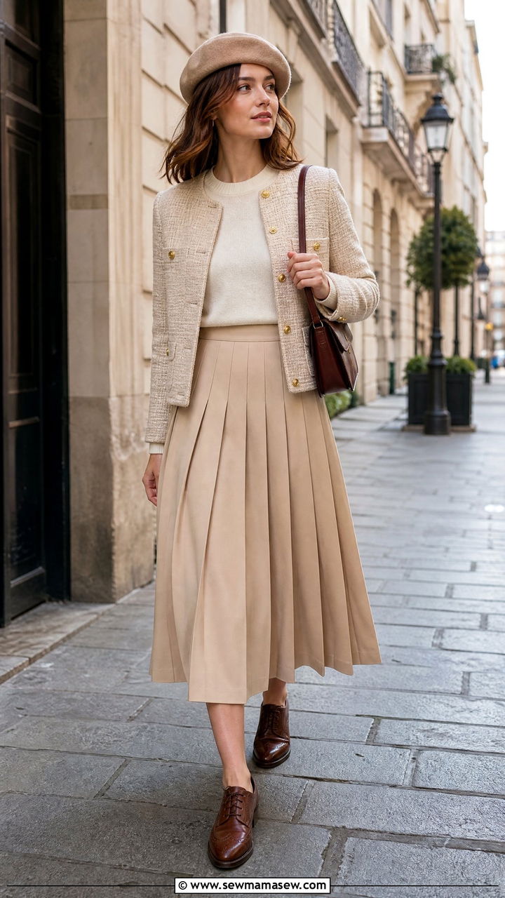 Tweed jacket and pleated midi skirt light academia outfit - 25 Light academia outfit ideas 2026