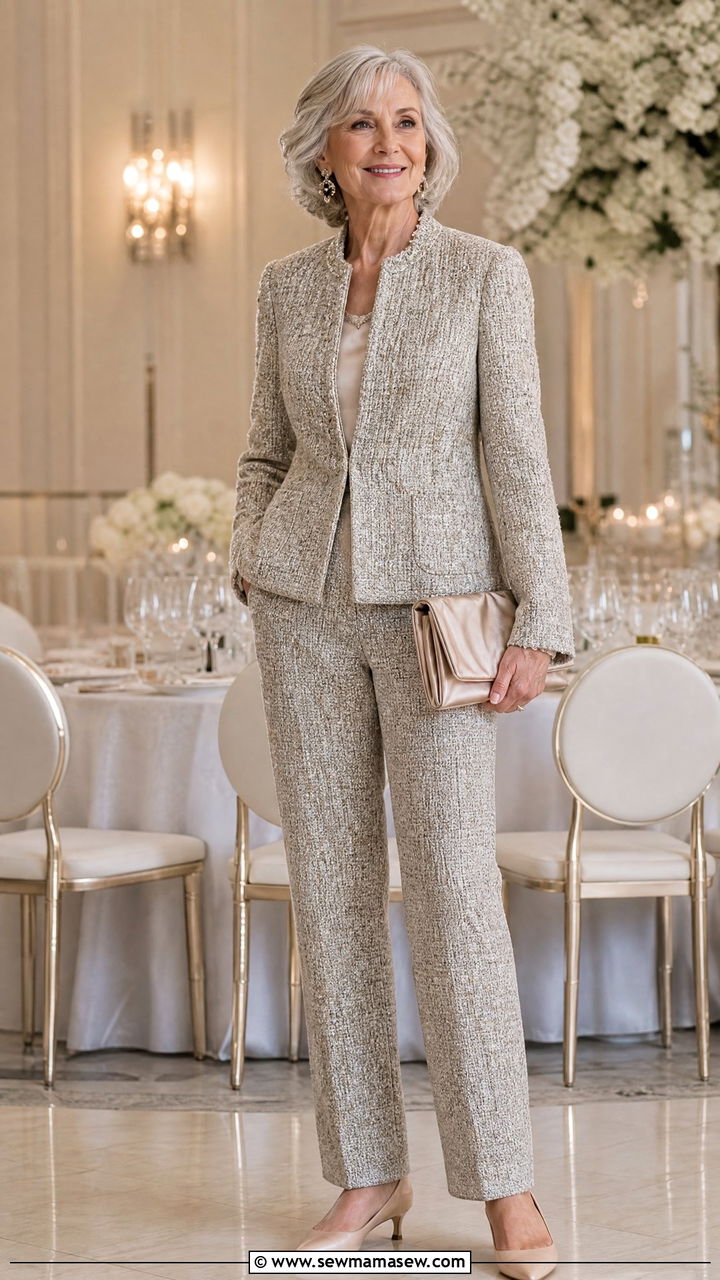Tweed jacket and tailored pants outfit - 30 Stylish outfits for grandmas