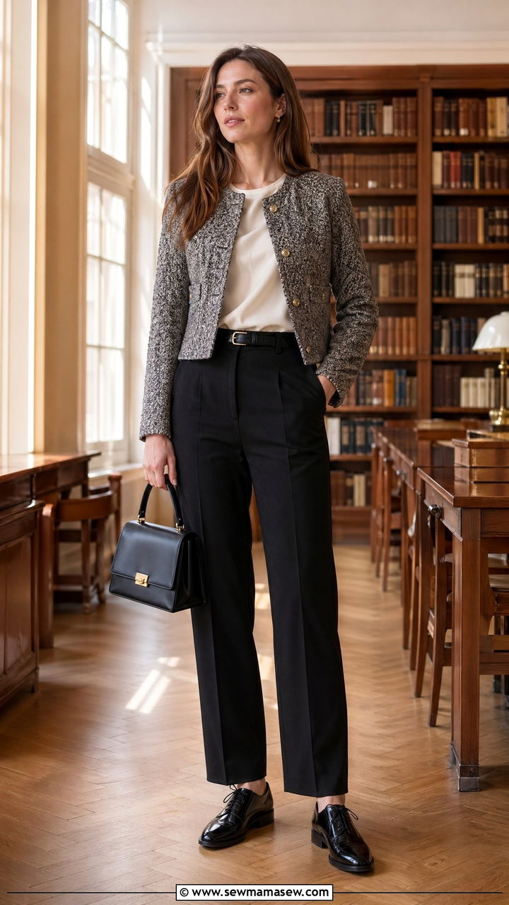 Tweed jacket and tailored trousers outfit - 35 Conference outfit ideas for women