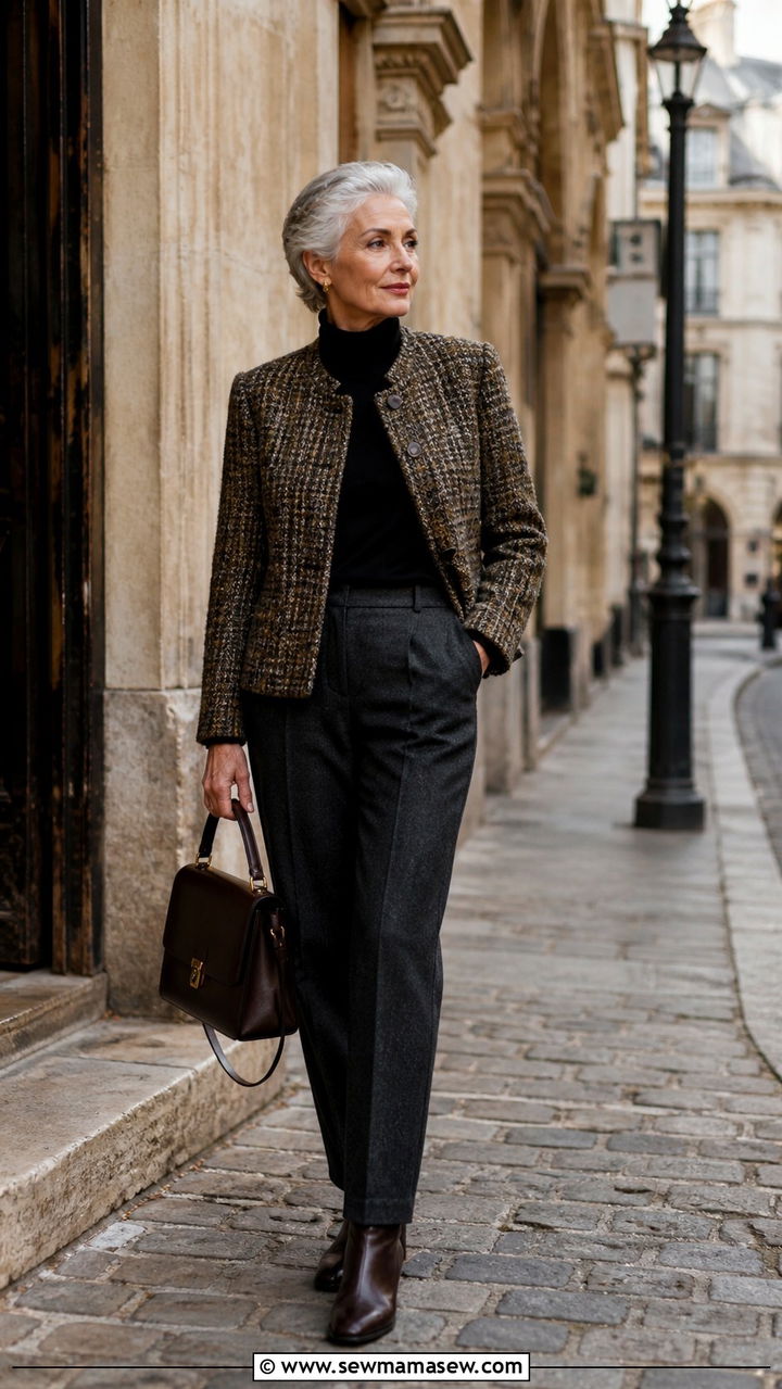 Tweed jacket and turtleneck outfit for women over 60 - 40 How to dress in your 60s