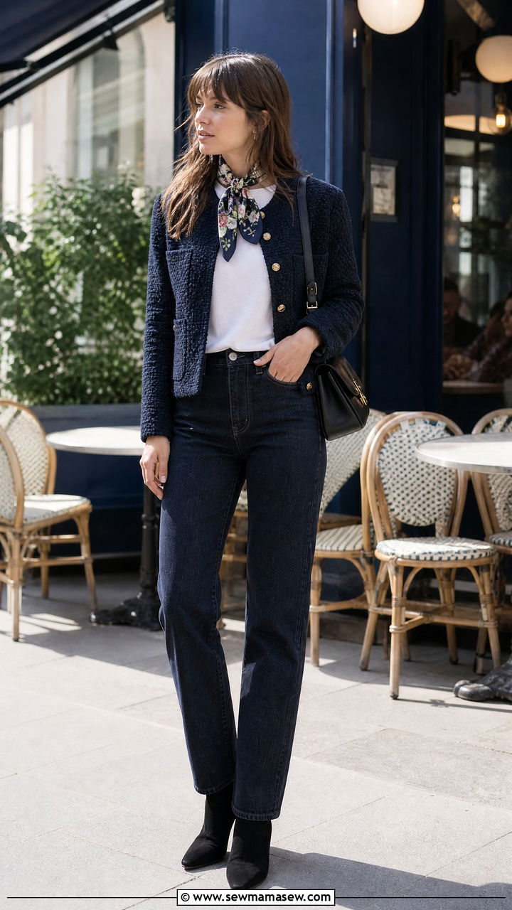 Tweed jacket dark denim silk scarf - 30 French girl outfit ideas for brunch