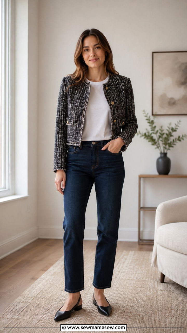 Tweed jacket white tee and dark denim - 25 Virtual presentation outfit ideas