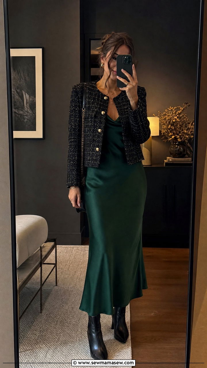 Tweed jacket with a slip dress and ankle boots - 25 Old money outfit ideas with tweed