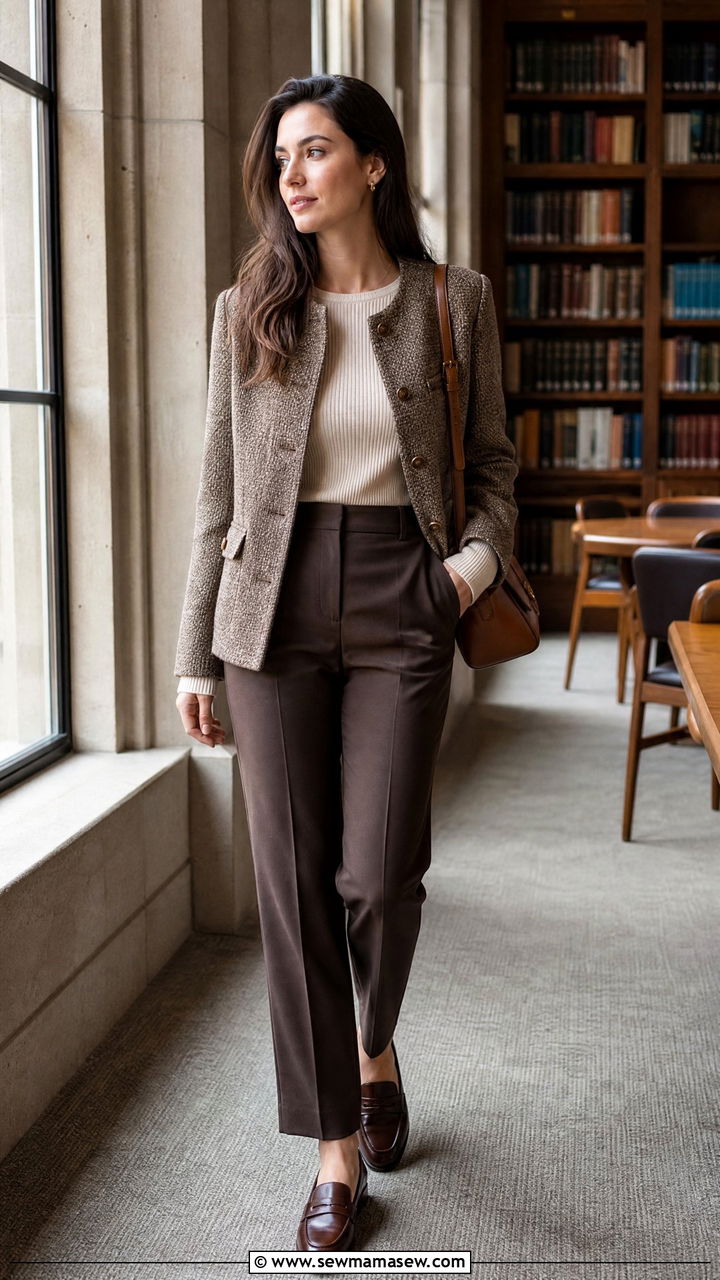 Tweed jacket with brown tailored trousers - 35 job interview outfit ideas for women