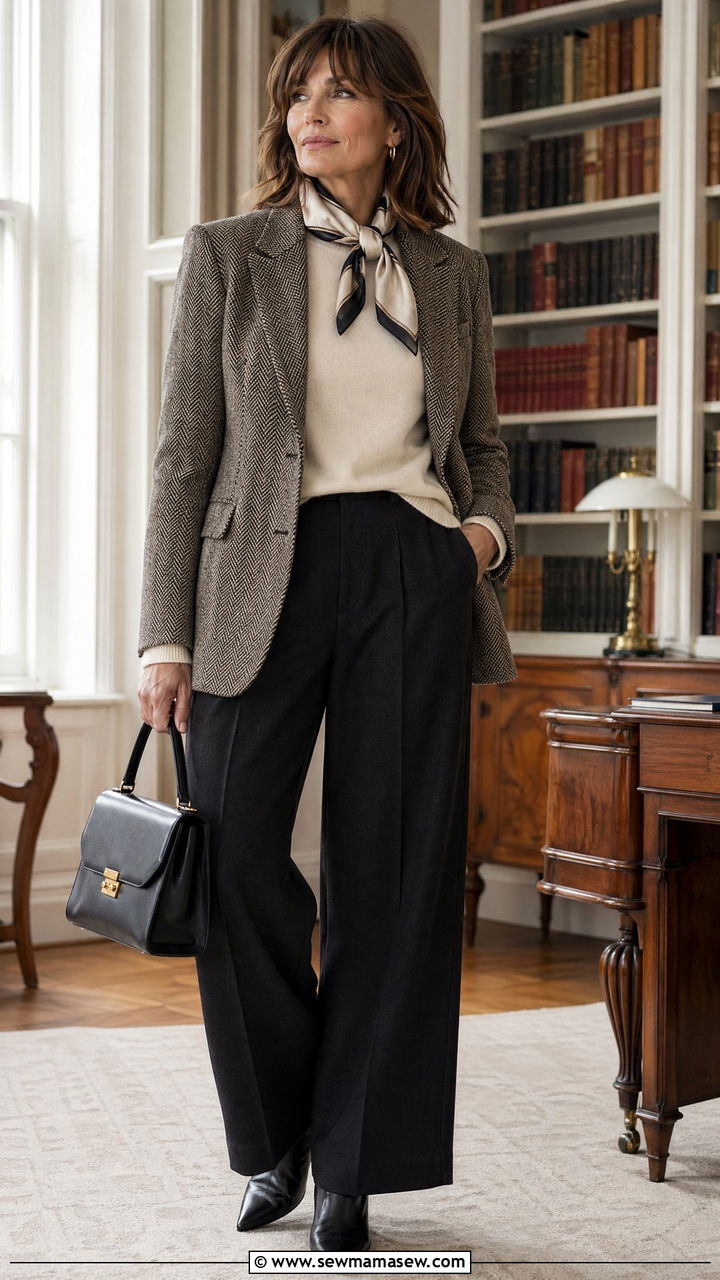 Tweed jacket with cashmere sweater and dark wide leg trousers - 35 French girl outfit ideas for women over 50